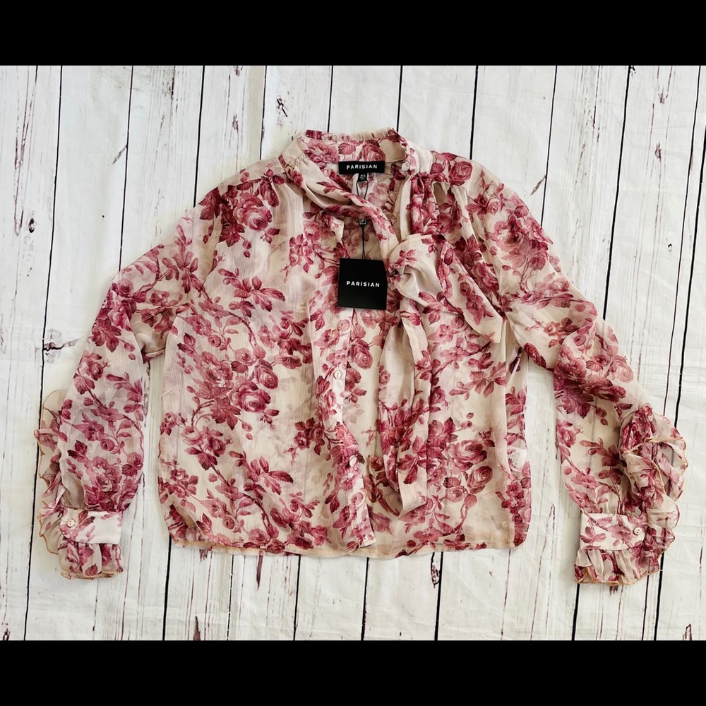 Women’s top sheer NWT wine/nude flowers w/scarf